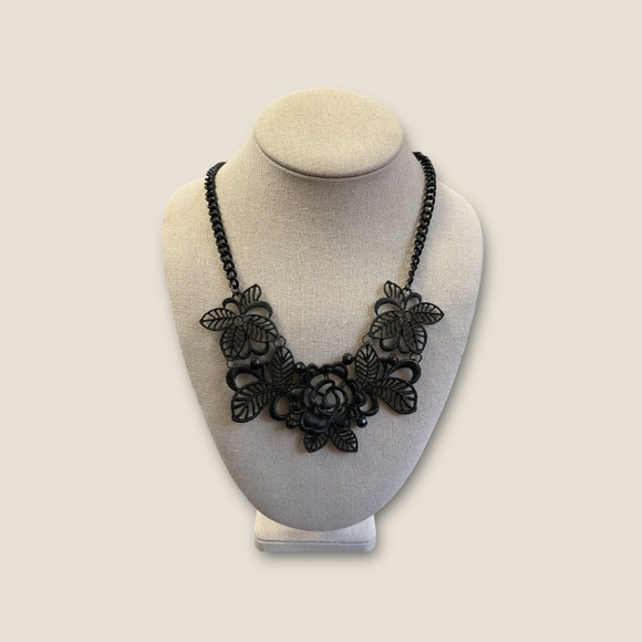 Black Panel Floral and Rhinestone Necklace - Picture 3 of 3